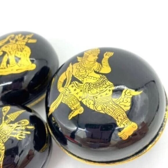 Burmese Lacquerware Gold Accented Trinket Boxes Set Of 3 - Picture 11 of 12